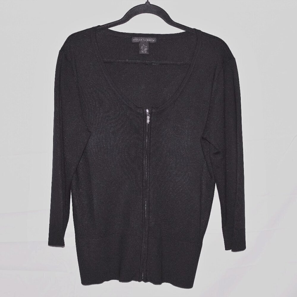 Grace Elements, Sweater, XL, Black,	Cardigan, Zipper Front, 3/4 Sleeve